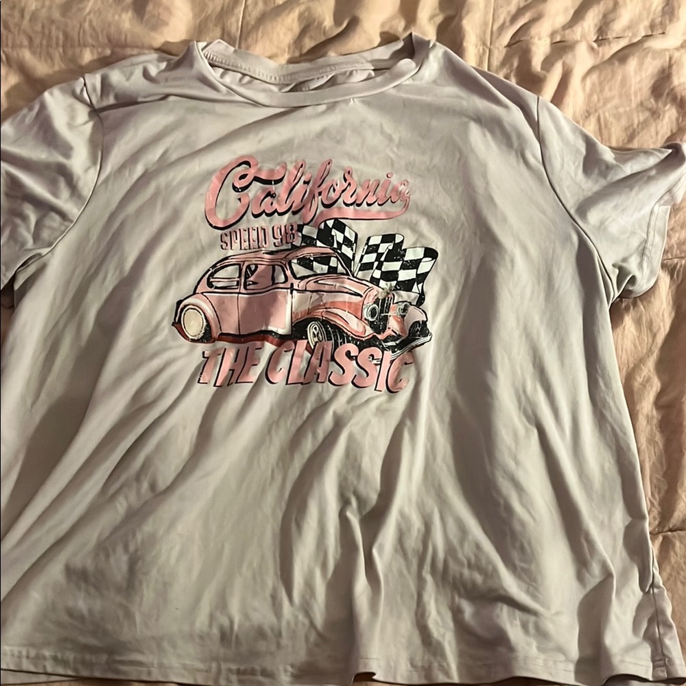 SHEIN Pink and White Short Sleeve Tee with Retro Racing Design